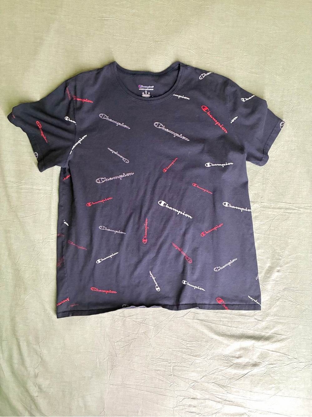 Champion Navy All-Over Logo Print T-Shirt Mens XL Spellout Graphic Tee